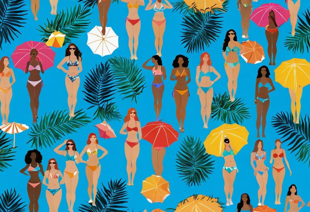 A vibrant beach scene filled with a diverse group of stylish individuals showcasing various trendy bikini styles, sunbathing under a clear blue sky. Include colorful beach umbrellas, playful ocean waves, and palm trees swaying gently in the background. The focus should be on the unique patterns and styles of the bikinis, with an inviting and cheerful atmosphere. bright colors. 3D. tropical vibes.