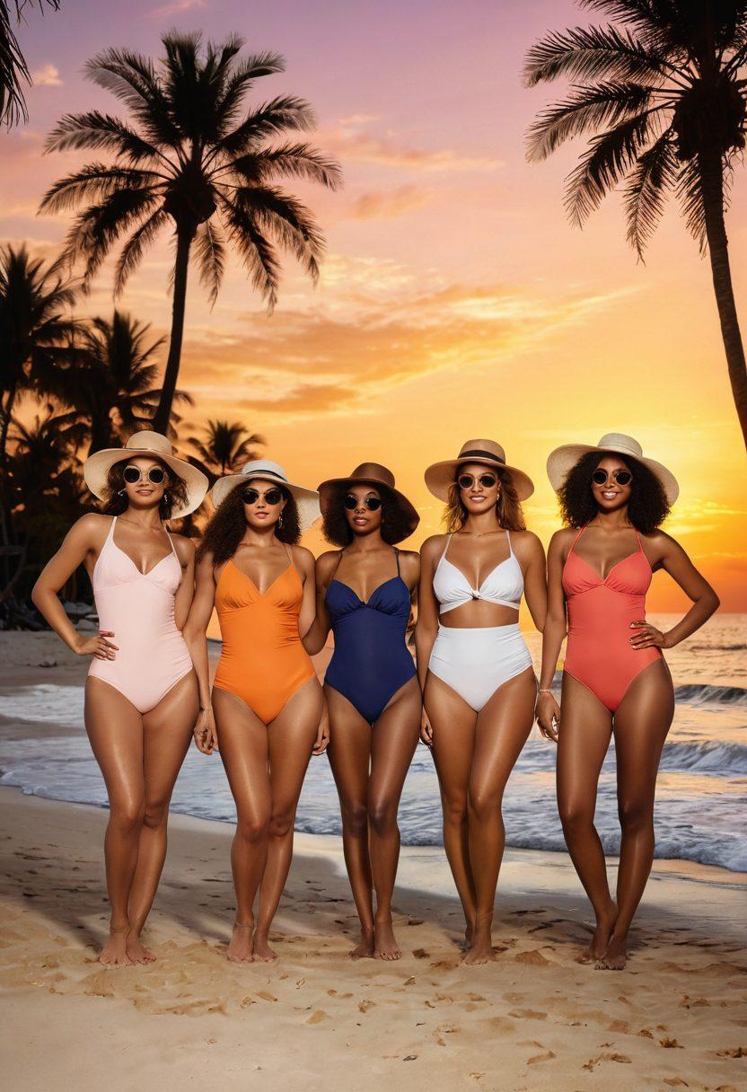 An elegant beach scene featuring a diverse group of women confidently wearing stylish two-piece swimsuits, showcasing various body types and skin tones. The background showcases a stunning sunset, with soft waves lapping at the shore and palm trees swaying gently. A selection of beachwear accessories, like hats and sunglasses, are artistically arranged in the foreground to emphasize the theme of mastery in beach fashion. super-realistic. vibrant colors. warm lighting.